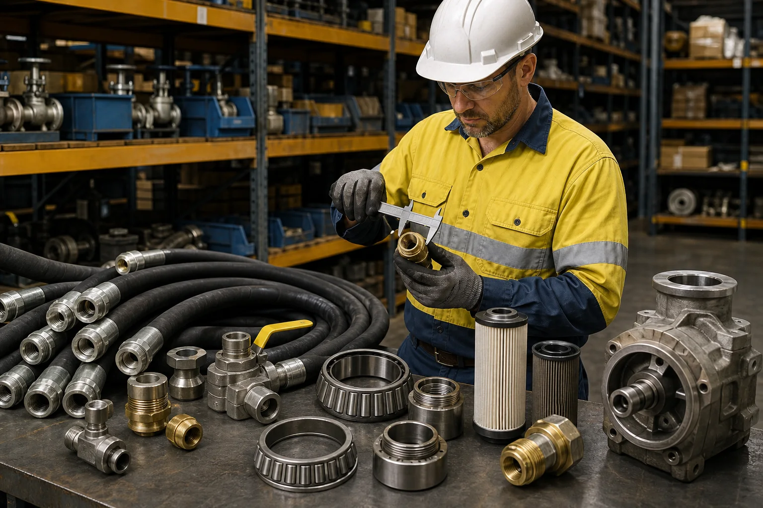 Technician checking industrial hoses, valves, bearings and pump components