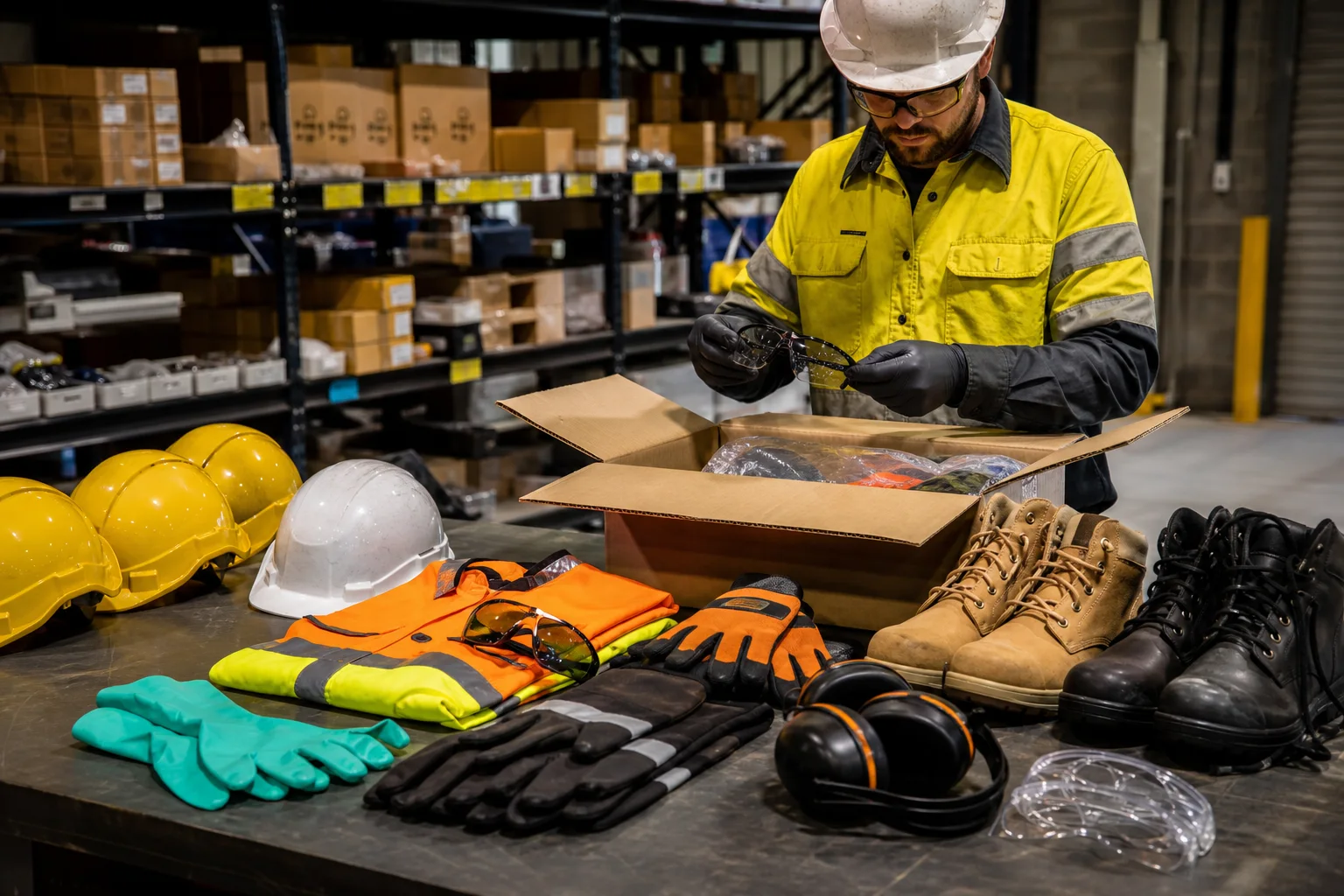 Mine-supply technician checking personal protective equipment prepared for delivery