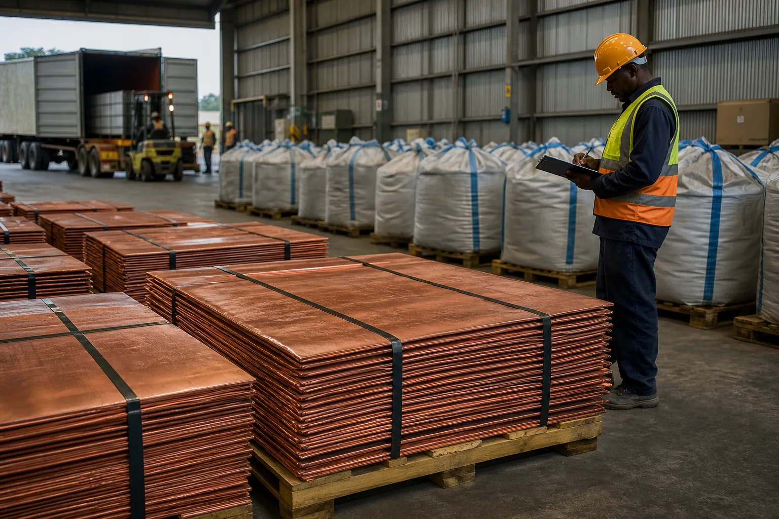 Copper cathode bundles and sealed mineral cargo being checked in a warehouse