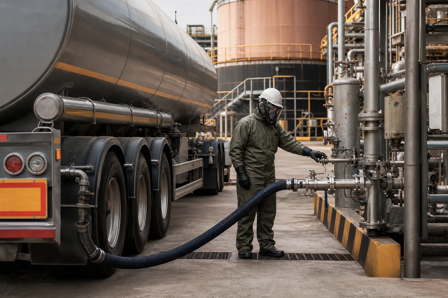 Operator checking a chemical tanker transfer connection at an industrial processing facility